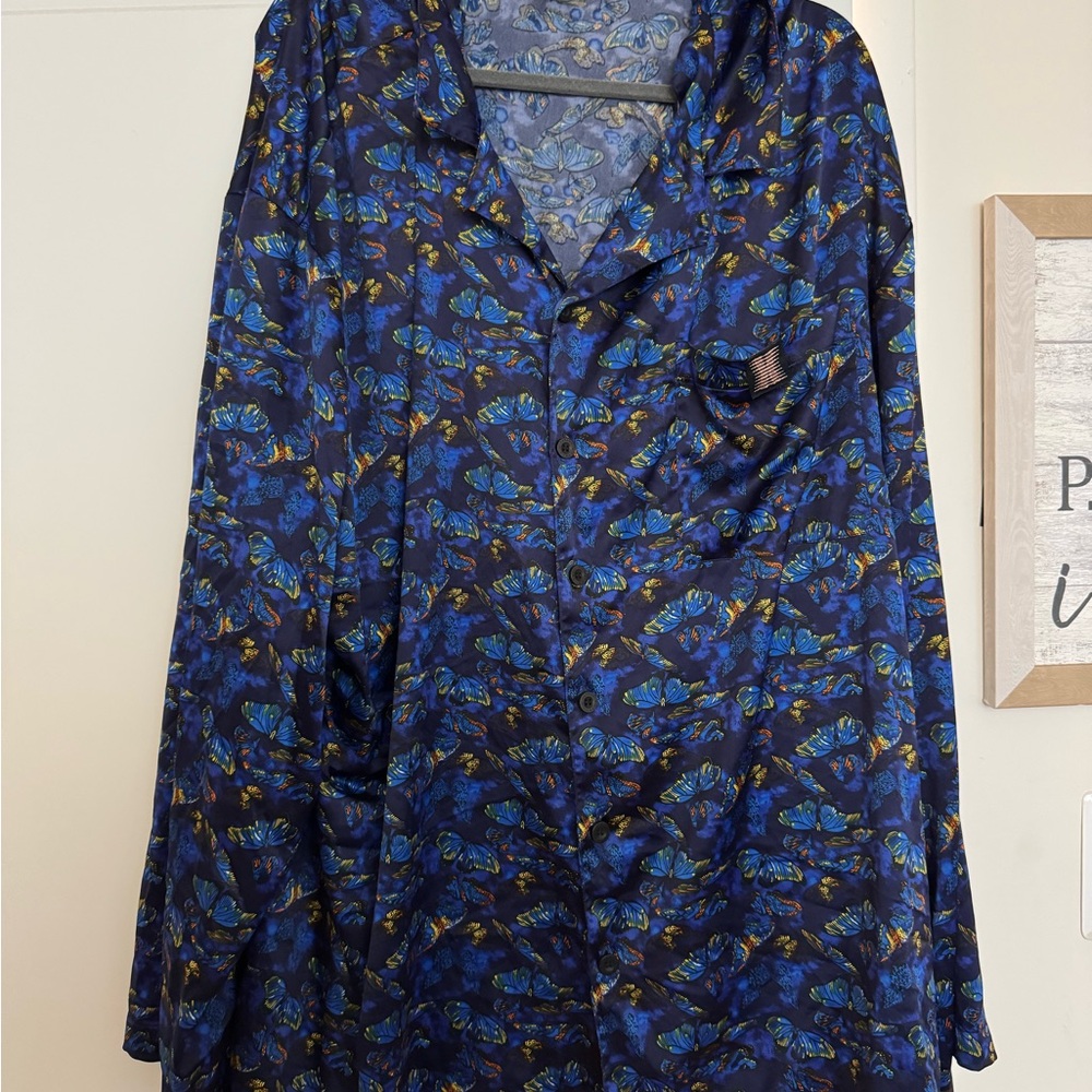 Savage Fenty Blue Butterfly Print Button-Up satin sleep shirt